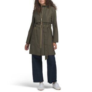 COLE HAAN Olive Belted Travel Packable Hooded Raincoat